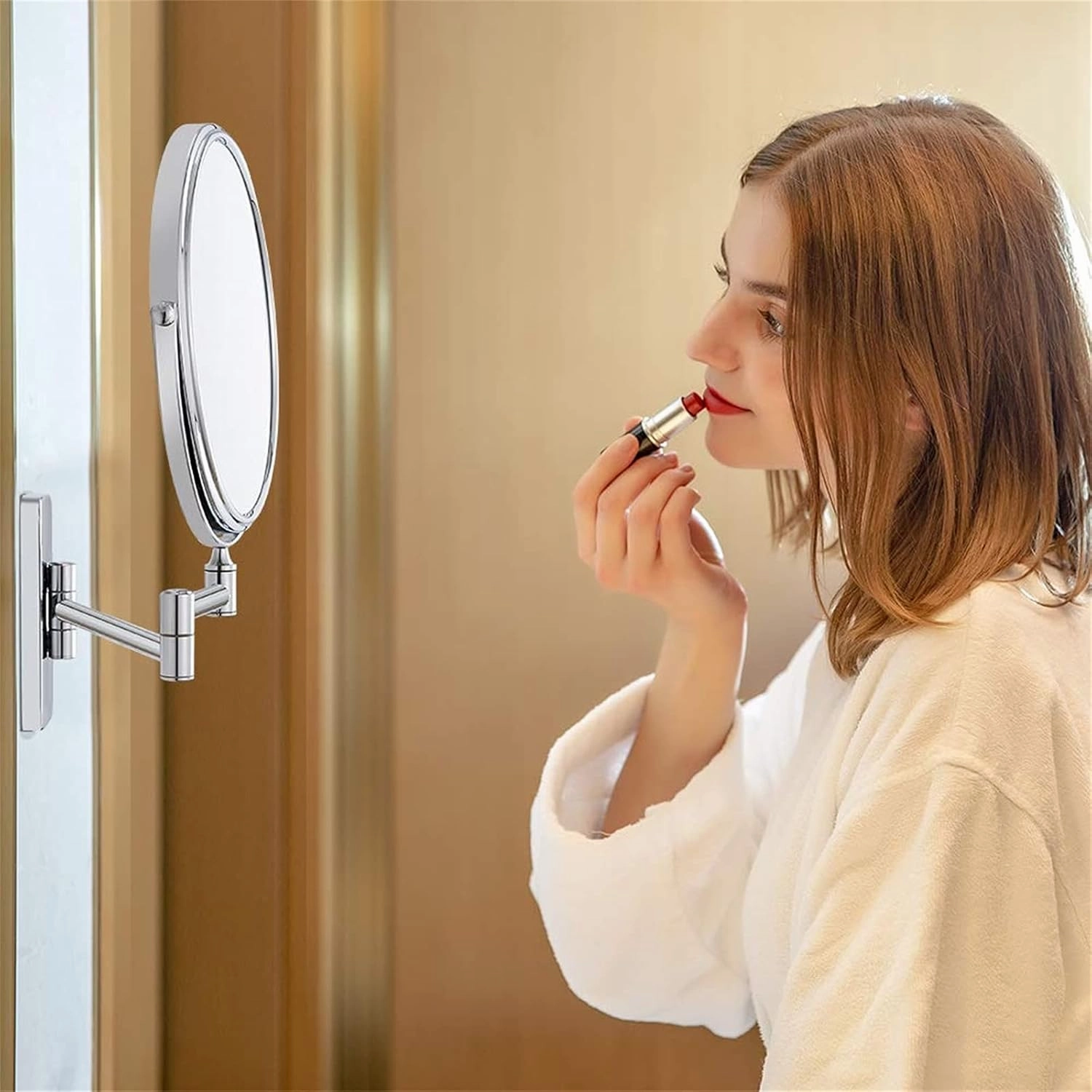 8 Inch Adjustable Wall Mounted Makeup Mirror, Double Sided Magnifying Beauty Vanity Mirror, 360° Swivel Foldable Cosmetic Mirror, Round Shaving Mirror for Bathroom Hotel,Silver,5X (Silver 10X)
