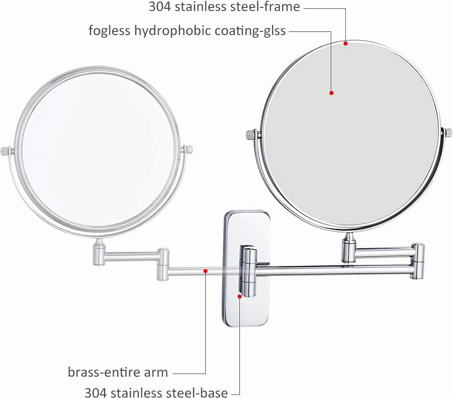 8 Inch Adjustable Wall Mounted Makeup Mirror, Double Sided Magnifying Beauty Vanity Mirror, 360° Swivel Foldable Cosmetic Mirror, Round Shaving Mirror for Bathroom Hotel,Silver,5X (Silver 10X)