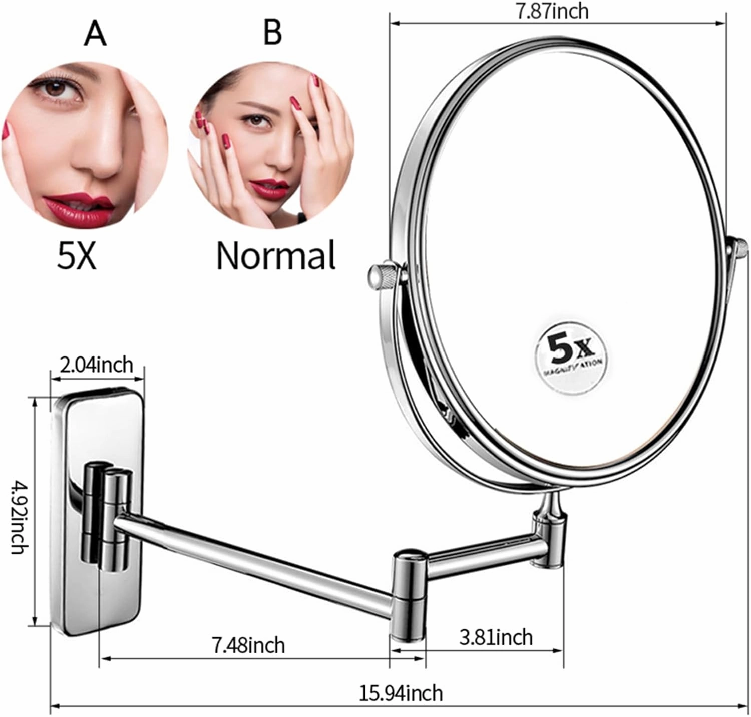 8 Inch Adjustable Wall Mounted Makeup Mirror, Double Sided Magnifying Beauty Vanity Mirror, 360° Swivel Foldable Cosmetic Mirror, Round Shaving Mirror for Bathroom Hotel,Silver,5X (Silver 10X)