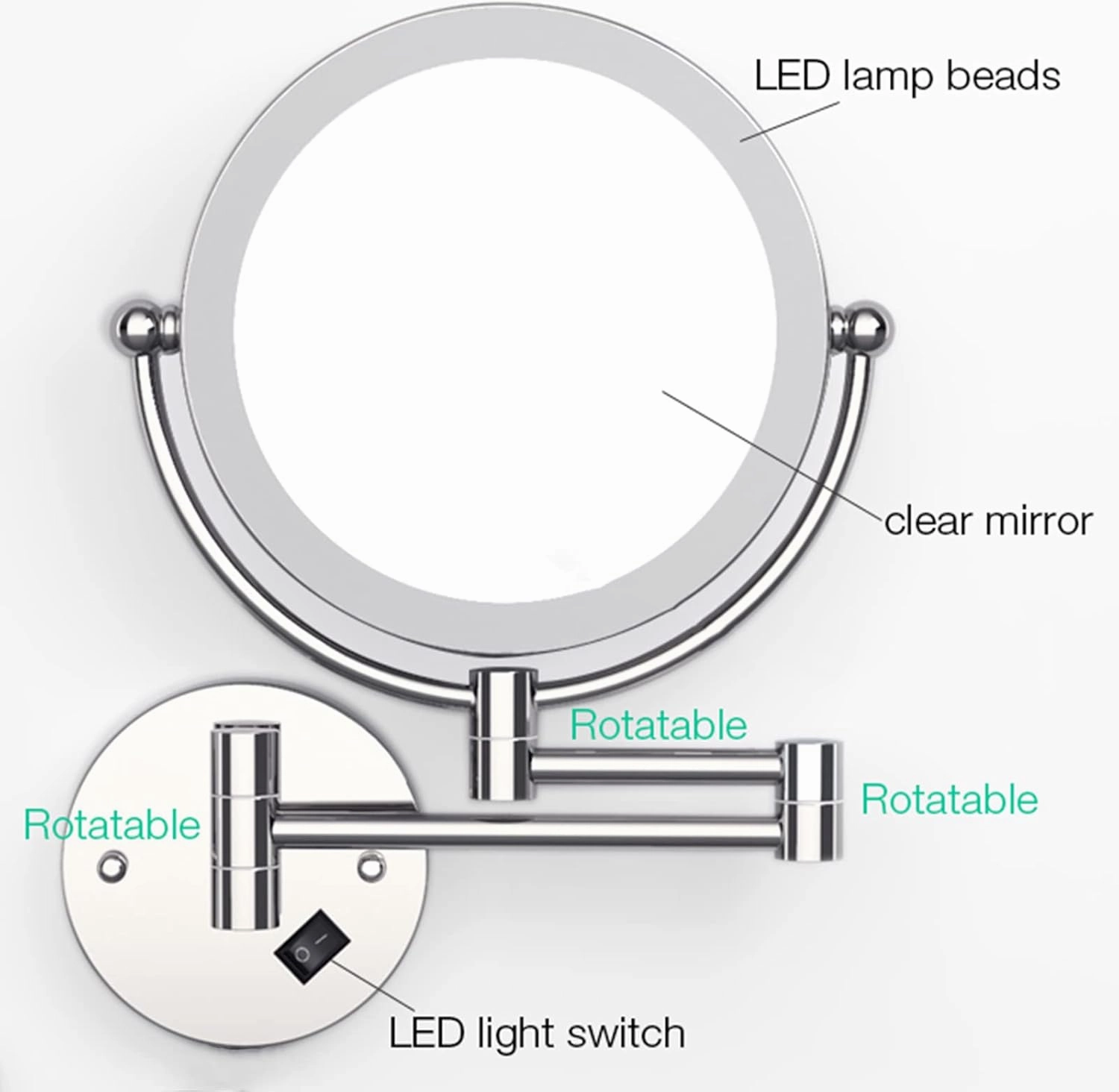 8 Inch Double Sided LED Lighted Makeup Mirror, Hardwired Wall Mounted Vanity Mirror with Switch, Swivel Fold Adjustable Magnifying Cosmetic Mirror, HD Shaving Mirror for Bathroom,Silver,3X (Black 7X)