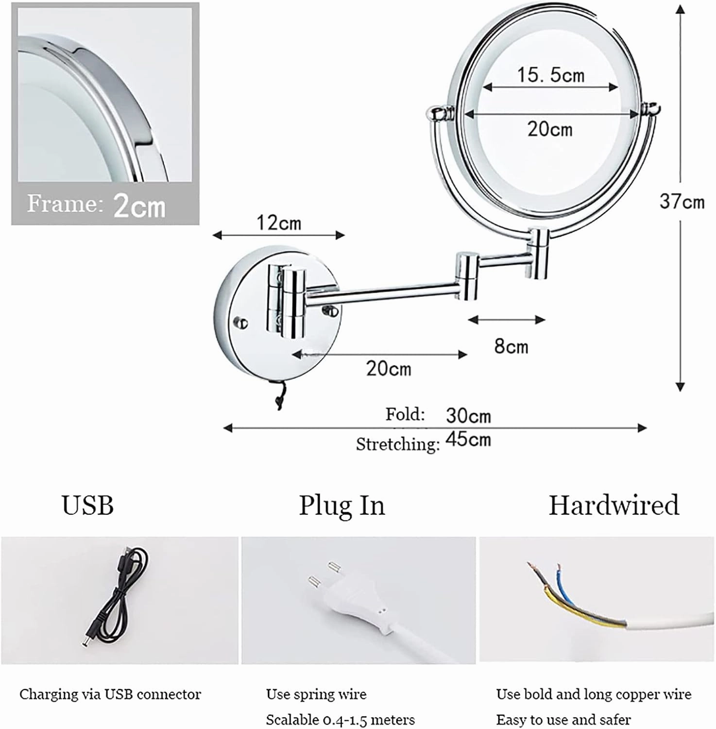 8 Inch Double Sided LED Lighted Makeup Mirror, Hardwired Wall Mounted Vanity Mirror with Switch, Swivel Fold Adjustable Magnifying Cosmetic Mirror, HD Shaving Mirror for Bathroom,Silver,3X (Black 7X)