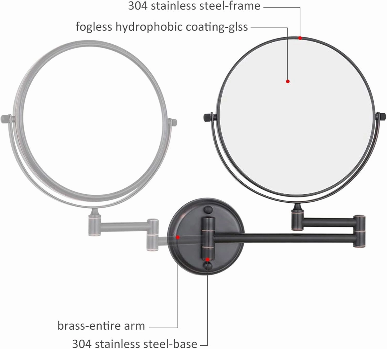 8 Inch Double Sided Wall Mounted Makeup Vanity Mirror with 10X Magnifying, 360° Swivel Adjustable Brass Cosmetic Mirror, Bathroom HD Beauty Shaving Mirror,Black,A