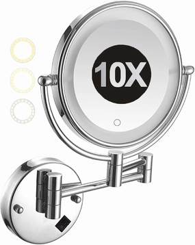 8 Inch Wall Mounted LED Lighted Makeup Vanity Mirror, Dual Sided Magnifying and Adjustable Cosmetic Mirror with Three-Color Light Dimmable, Chrome HD Shaving Mirror for Bathroom Hotel,Plug in,10X (Ha