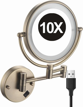 8 Inch Wall Mounted Lighted Makeup Mirror, Dual Sided LED Vanity Mirror with Switch, Brass Adjustable 10X Magnifying Beauty Cosmetic Mirror, Shaving Mirror for Bathroom Hotel,d,USB (Bronze USB)