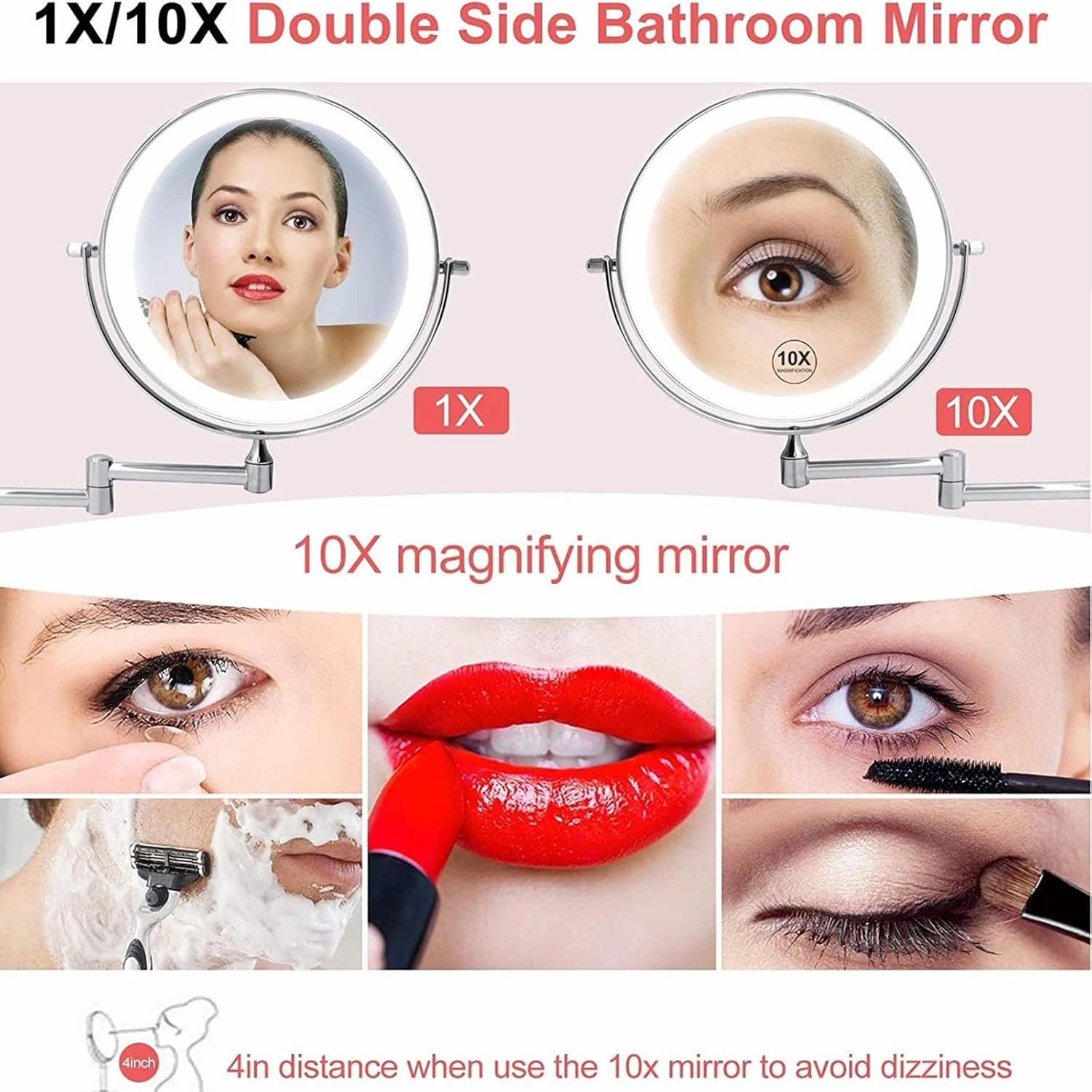 8 Inch Wall Mounted Lighted Makeup Mirror, Dual Sided LED Vanity Mirror with Switch, Brass Adjustable 10X Magnifying Beauty Cosmetic Mirror, Shaving Mirror for Bathroom Hotel,d,USB (Bronze USB)