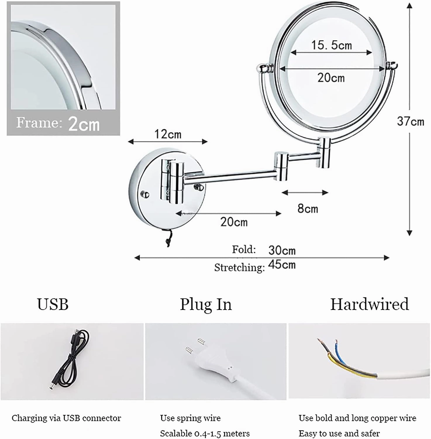 8 Inch Wall Mounted Lighted Makeup Mirror, Dual Sided LED Vanity Mirror with Switch, Brass Adjustable 10X Magnifying Beauty Cosmetic Mirror, Shaving Mirror for Bathroom Hotel,d,USB (Bronze USB)