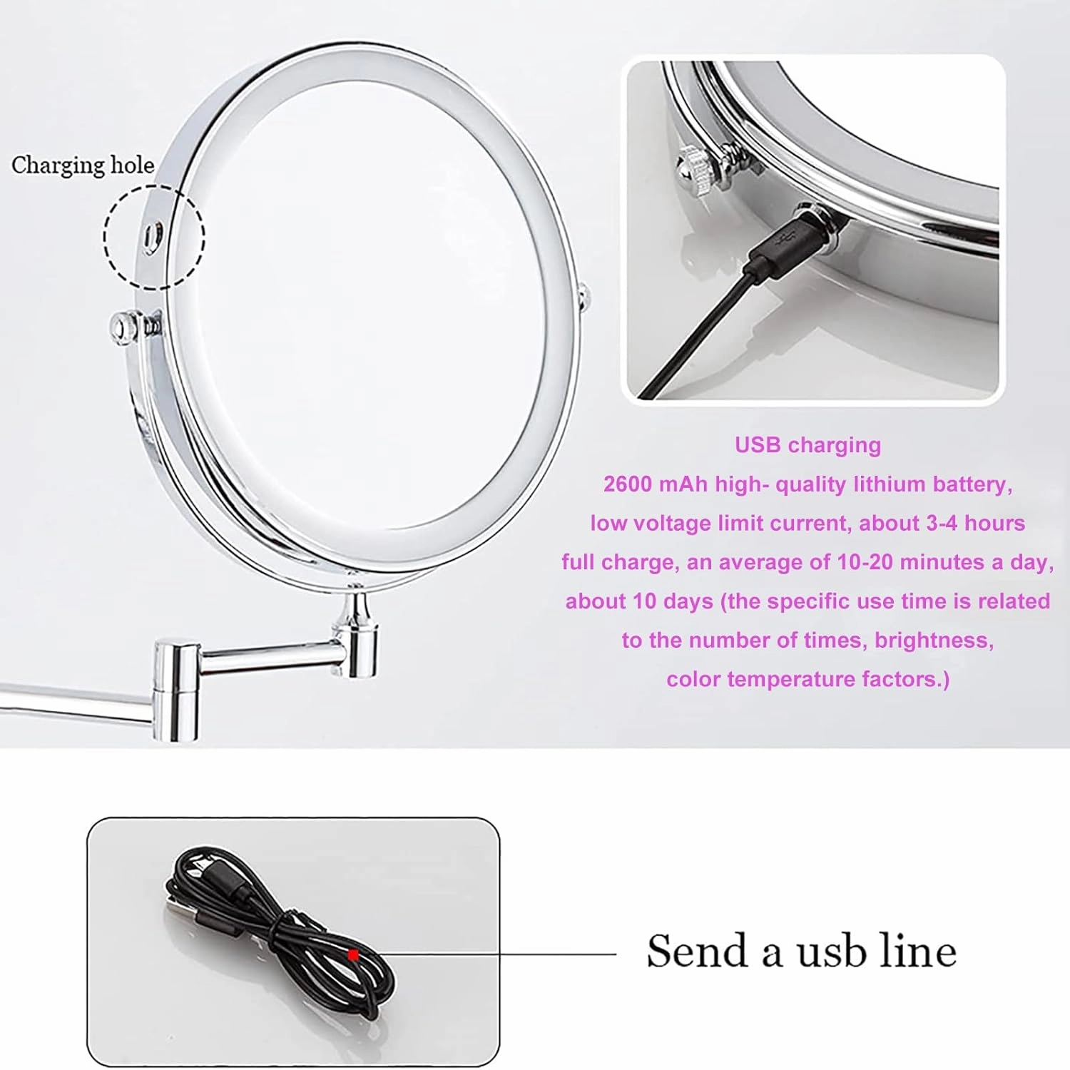 8 Inch Wall Mounted Lighted Makeup Mirror, Dual Sided LED Vanity Mirror with Switch, Brass Adjustable 10X Magnifying Beauty Cosmetic Mirror, Shaving Mirror for Bathroom Hotel,d,USB (Bronze USB)