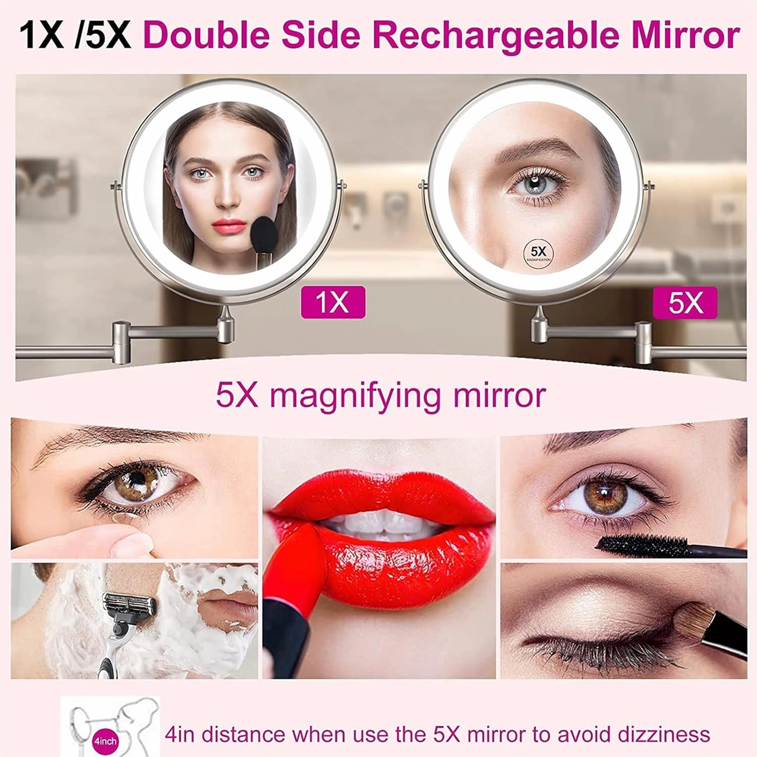 8 Inch Wall Mounted Lighted Makeup Mirror, Hardwired Dual Sided LED Vanity Mirror with Switch, Brass Adjustable Swivel Magnifying Cosmetic Mirror, Shaving Mirror for Bathroom,Brushed d,10X (Silver