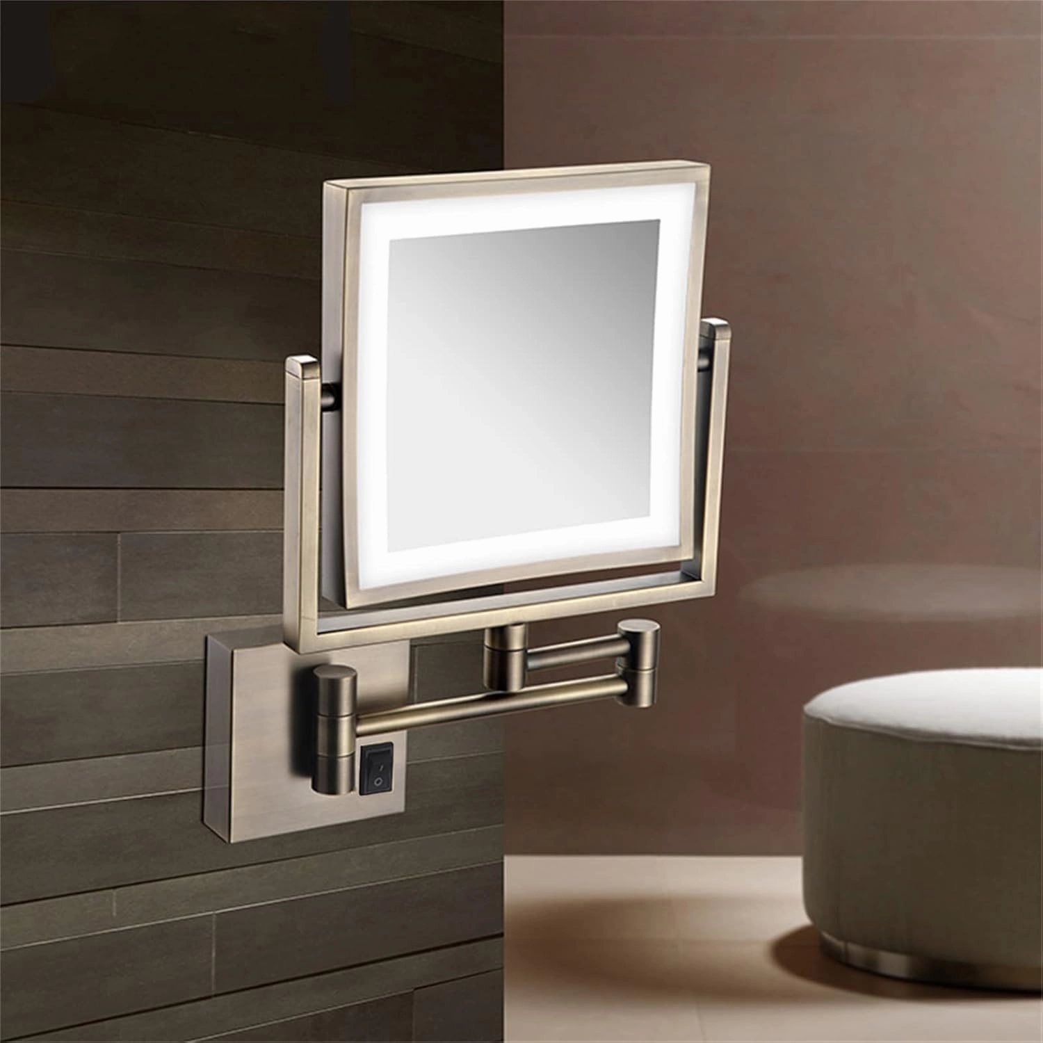 8 Inch Wall Mounted Square LED Lighted Makeup Vanity Mirror with Base Touch Dimmable, Dual-Sided HD 1X/3X Magnifying Shaving Mirror, 360° Swivel Foldable Black, Plug