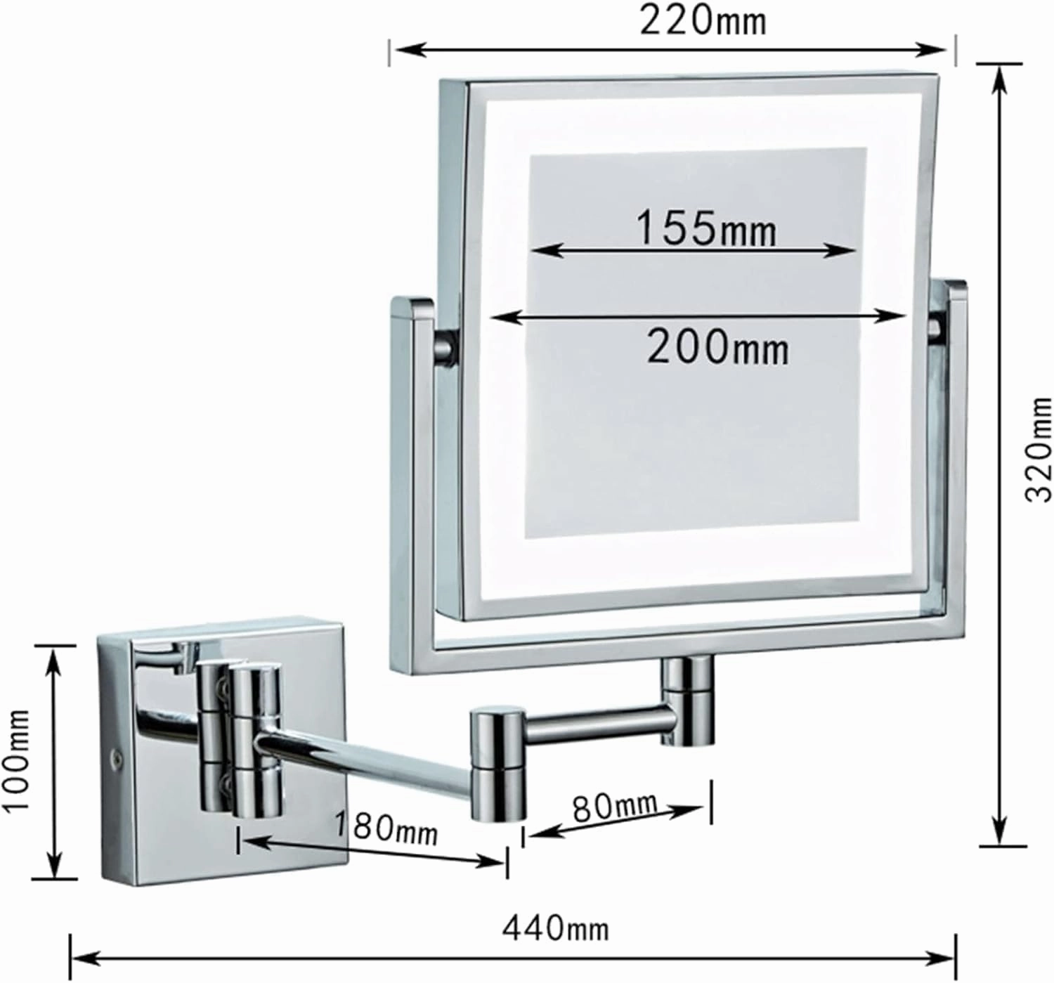 8 Inch Wall Mounted Square LED Lighted Makeup Vanity Mirror with Base Touch Dimmable, Dual-Sided HD 1X/3X Magnifying Shaving Mirror, 360° Swivel Foldable Black, Plug