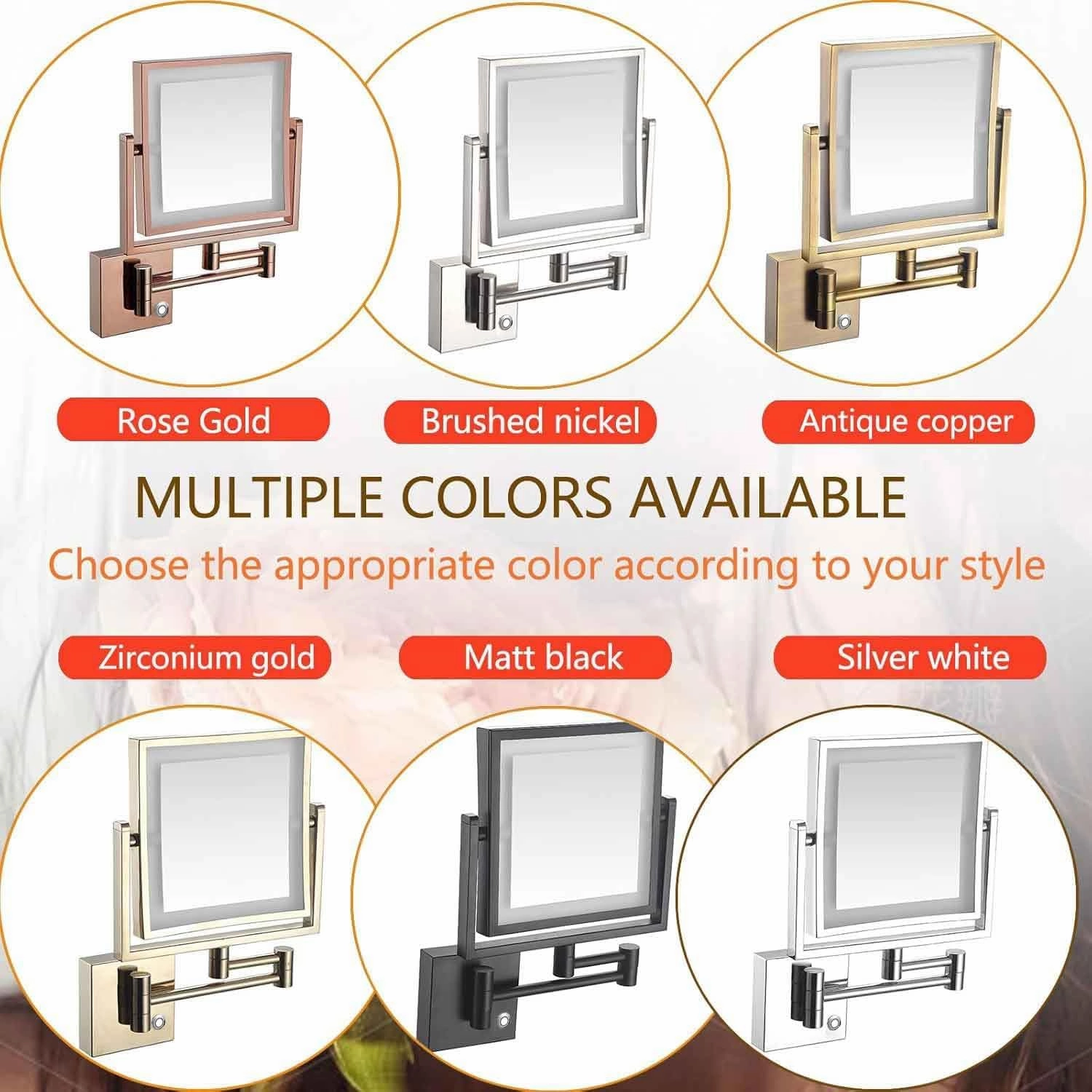 8 Inch Wall Mounted Square LED Lighted Makeup Vanity Mirror with Base Touch Dimmable, Dual-Sided HD 1X/3X Magnifying Shaving Mirror, 360° Swivel Foldable Black, Plug