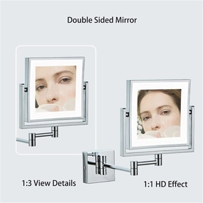 8 Inch Wall Mounted Square LED Lighted Makeup Vanity Mirror with Base Touch Dimmable Dual-Sided HD 1X/3X Magnifying Shaving Mirror 360° Swivel FoldableSilver USB(Zirconium,USB)