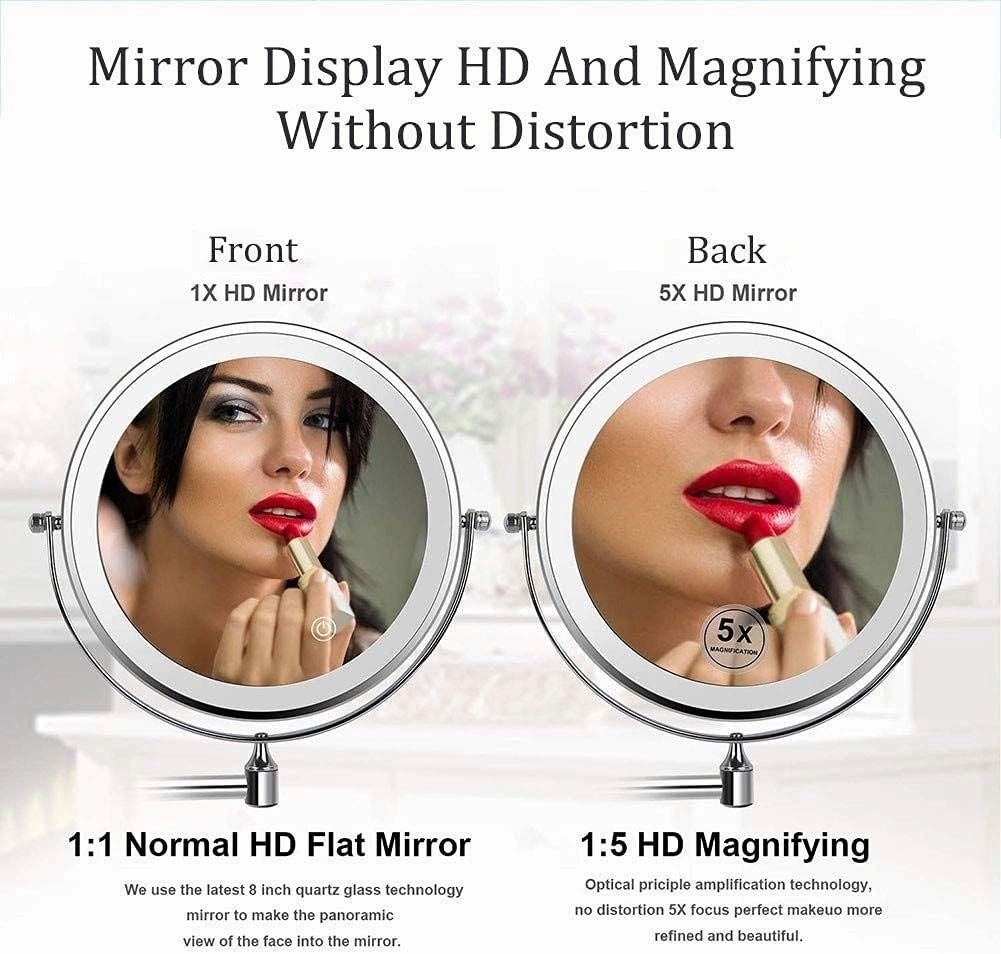 8" LED Wall Mounted Makeup Mirror Black Upgrade Auto Off LED Shaving Mirror Touch Screen Adjustable Light Double Sided 1X/5X Magnifying Powered by 4 x AAA Batteries (Color : 1x/5x)