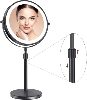 8" Lighted Makeup Mirror with Magnification 10x and 3 Color Light 2500mAh Rechargeable Height Adjustable 360° Rotation Double Sided LED Vanity Mirror for Desk (Black)