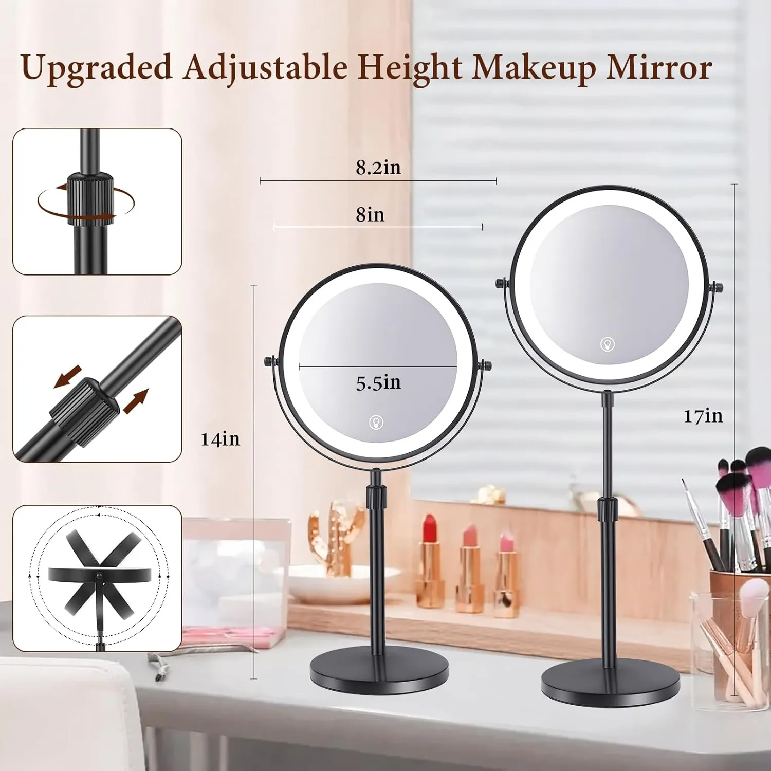 8" Lighted Makeup Mirror with Magnification 10x and 3 Color Light 2500mAh Rechargeable Height Adjustable 360° Rotation Double Sided LED Vanity Mirror for Desk (Black)