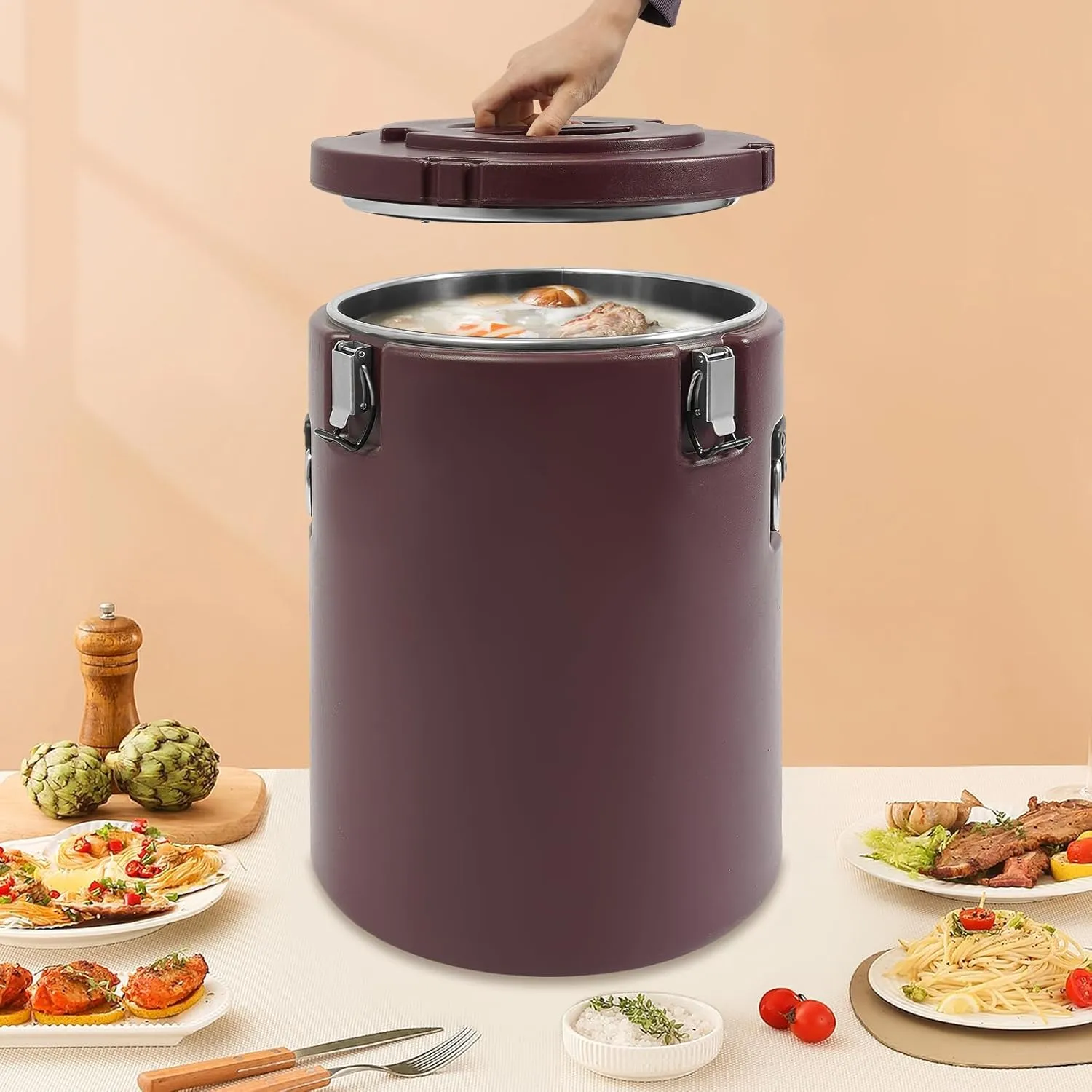 9.25 Gallon Insulated Beverage Cooler Dispenser Camping Cooler Chiller Portable Sports Cooler Round Water Beverage Dispenser with Stainless Steel Interior for Hot or Cold Food Storage (Brown)
