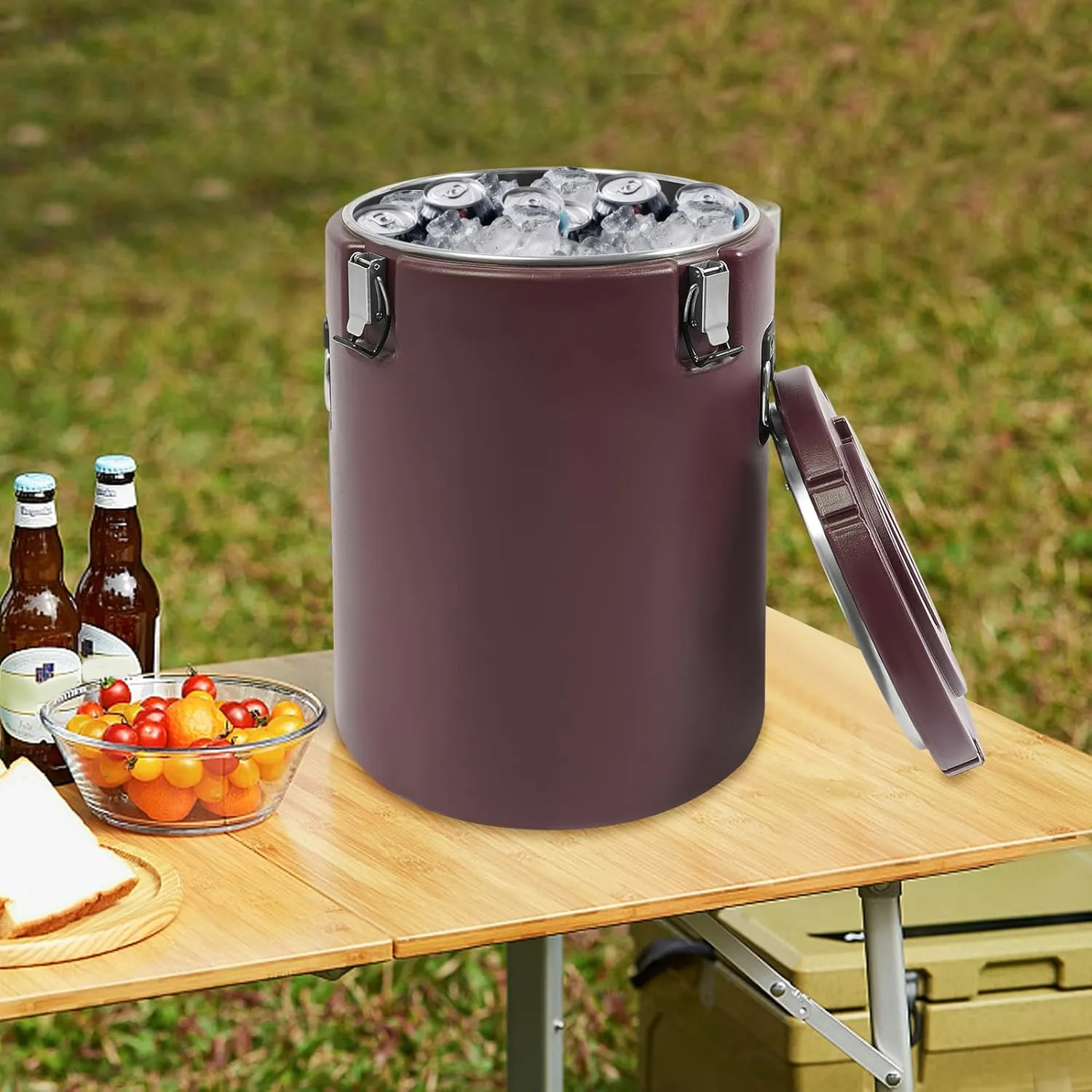 9.25 Gallon Insulated Beverage Cooler Dispenser Camping Cooler Chiller Portable Sports Cooler Round Water Beverage Dispenser with Stainless Steel Interior for Hot or Cold Food Storage (Brown)