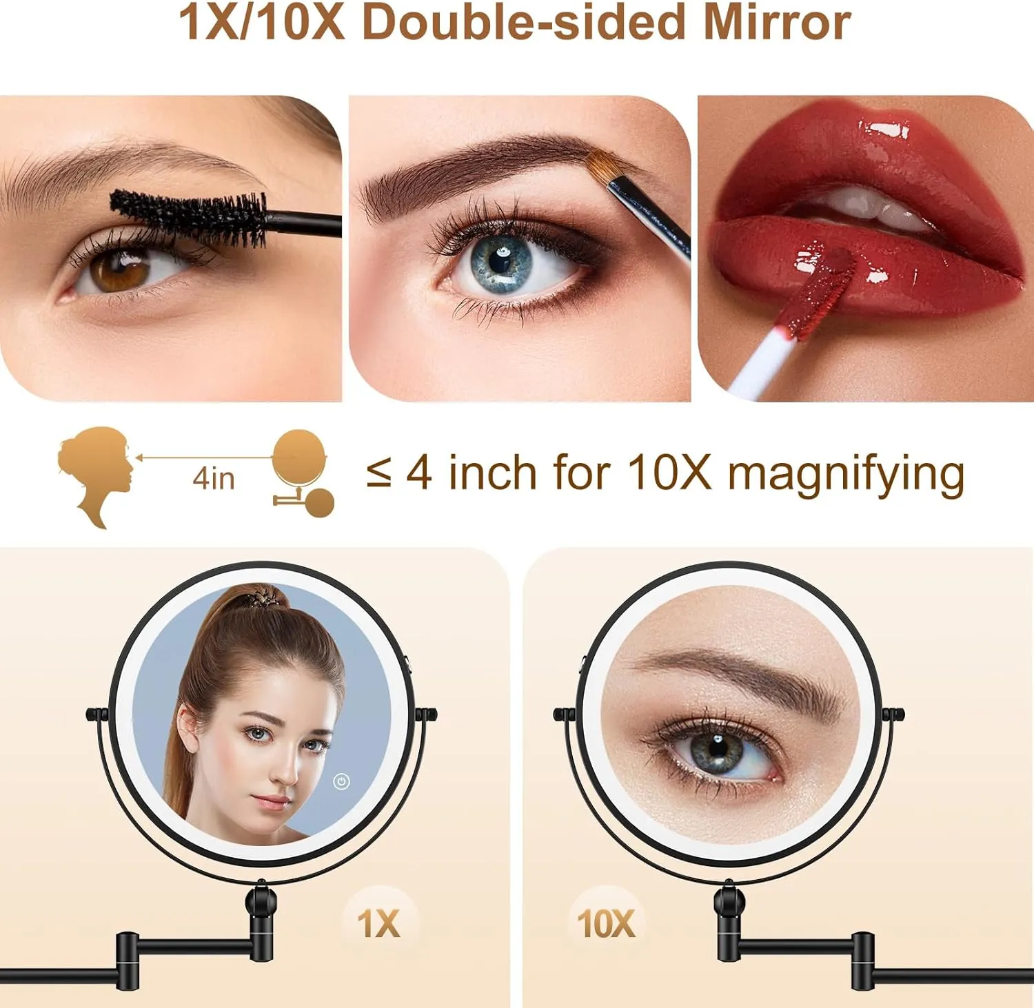 9" Wall Mounted Lighted Makeup Mirror,4000mAh Rechargeable Double Sided 1X/10X Magnifying Mirror with Light,Touch Dimmable,Extended Arm 360 Rotation Wall Mounted Makeup Mirror 3 Color Lights-Black