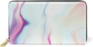 Abstract Liquid Marble Agate Slab Paint Pastel Pink Macro Wavy Lines Leather Long Wallet Organizer with Zipper Purse Clutch Bag for Women Men Key Card Coin Passport Checkbook