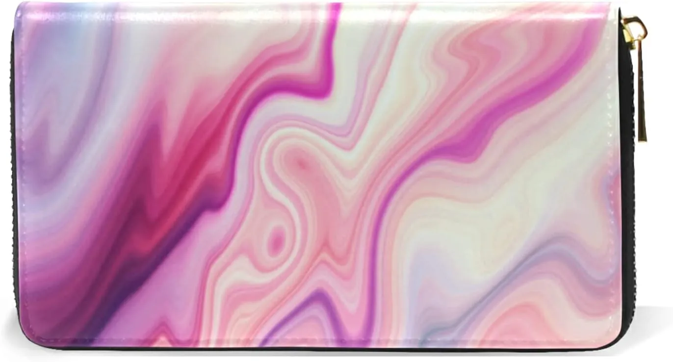 Abstract Liquid Marble Agate Slab Paint Pastel Pink Macro Wavy Lines Leather Long Wallet Organizer with Zipper Purse Clutch Bag for Women Men Key Card Coin Passport Checkbook