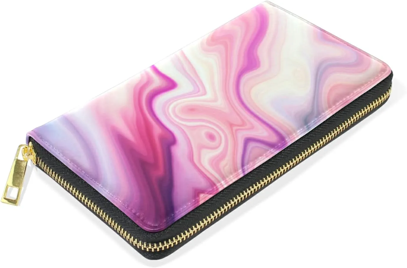 Abstract Liquid Marble Agate Slab Paint Pastel Pink Macro Wavy Lines Leather Long Wallet Organizer with Zipper Purse Clutch Bag for Women Men Key Card Coin Passport Checkbook
