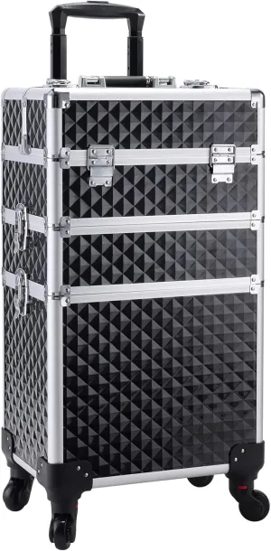 Adazzo 3 in 1 Professional Rolling Makeup Train Case Aluminum Trolley Case with 360° Rotation Wheels for Makuep Artist Cosmetic Suitcase Organizer with Lock and Key Diamond Pattern - Black