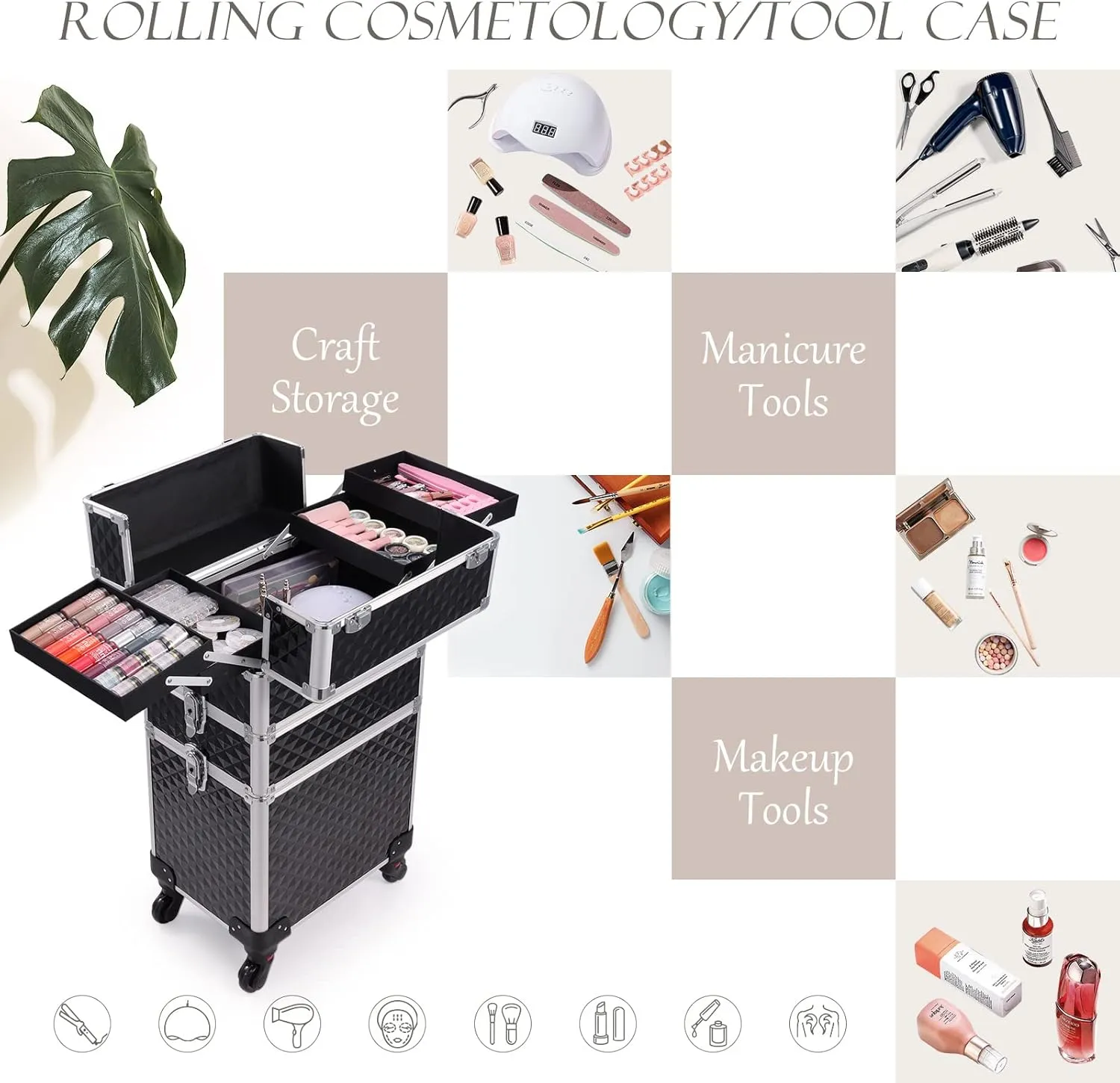Adazzo 3 in 1 Professional Rolling Makeup Train Case Aluminum Trolley Case with 360° Rotation Wheels for Makuep Artist Cosmetic Suitcase Organizer with Lock and Key Diamond Pattern - Black