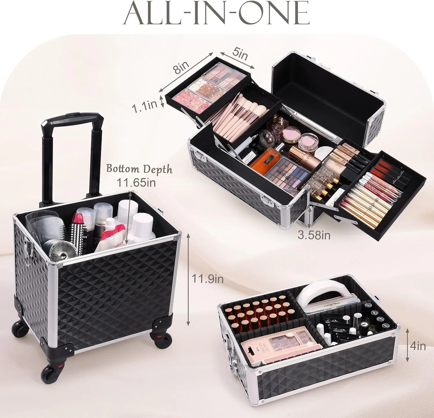 Adazzo 3 in 1 Professional Rolling Makeup Train Case Aluminum Trolley Case with 360° Rotation Wheels for Makuep Artist Cosmetic Suitcase Organizer with Lock and Key Diamond Pattern - Black