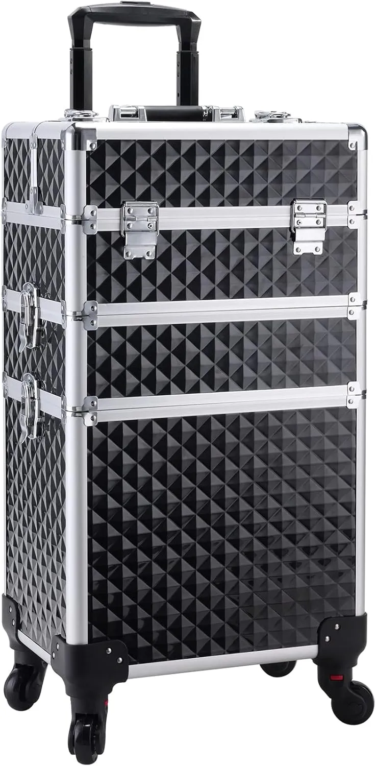 Adazzo 3 in 1 Professional Rolling Makeup Train Case Aluminum Trolley Case with 360° Rotation Wheels for Makuep Artist Cosmetic Suitcase Organizer with Lock and Key Diamond Pattern - Black