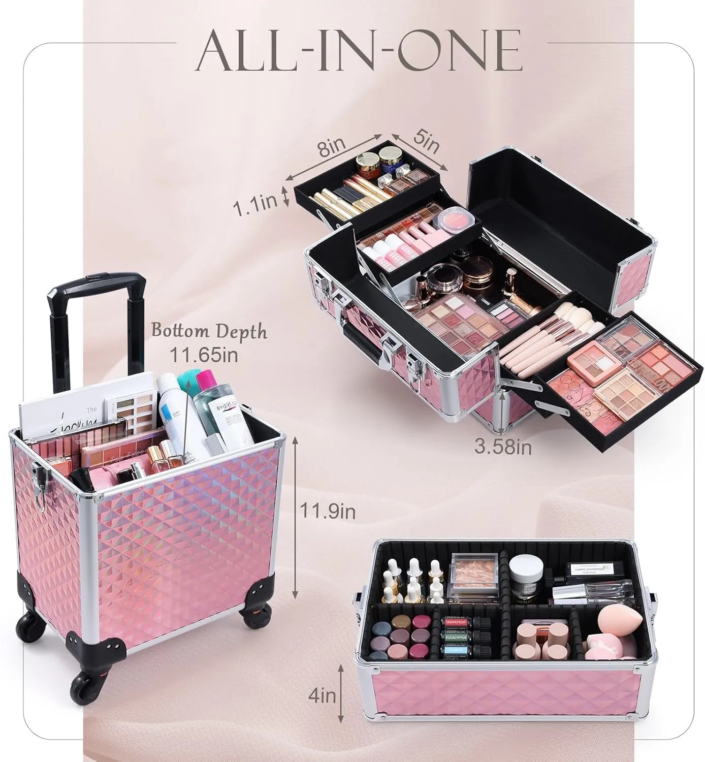 Adazzo 3 in 1 Professional Rolling Makeup Train Case Aluminum Trolley Case with 360° Rotation Wheels for Makuep Artist Cosmetic Suitcase Organizer with Lock and Key Diamond Pattern - Pink