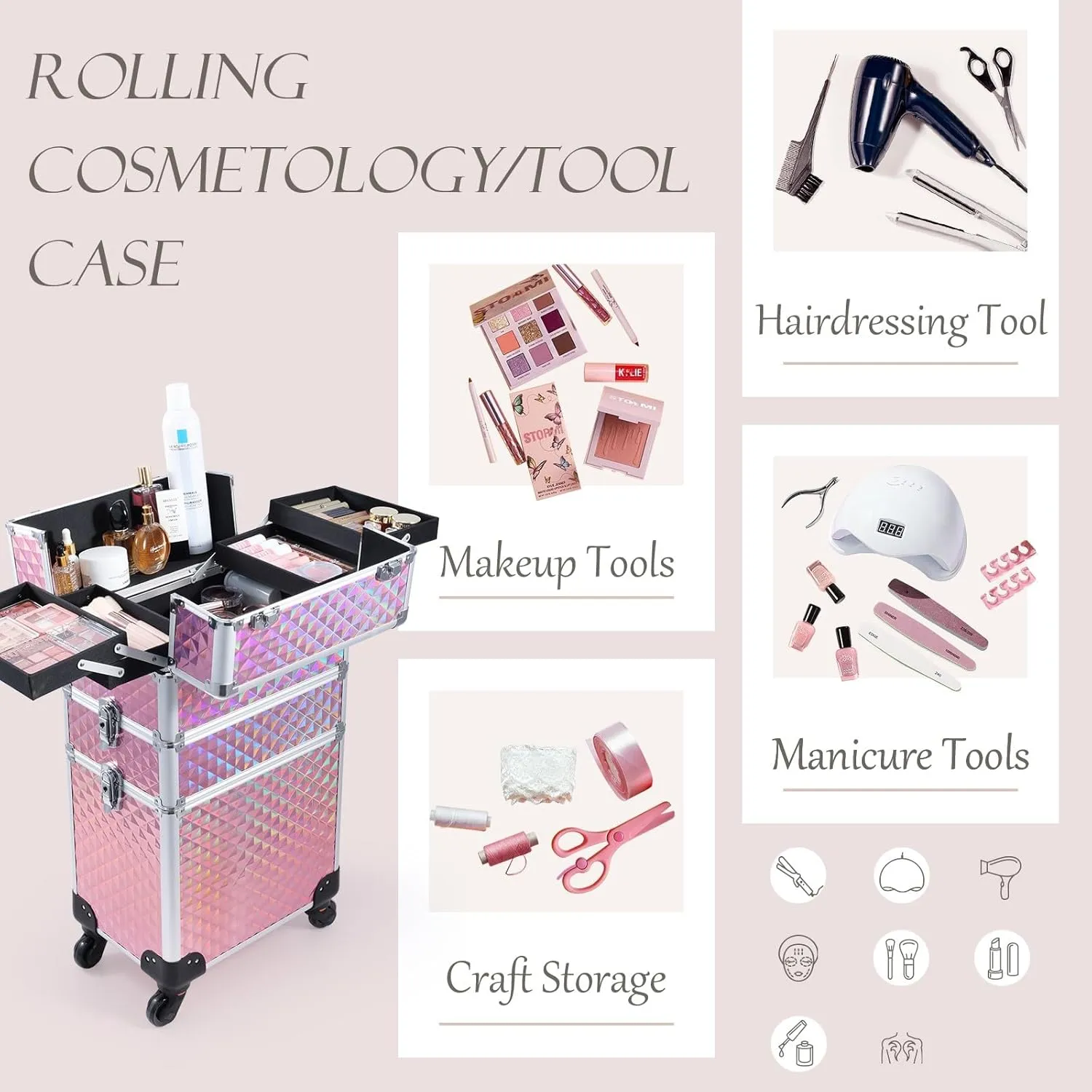 Adazzo 3 in 1 Professional Rolling Makeup Train Case Aluminum Trolley Case with 360° Rotation Wheels for Makuep Artist Cosmetic Suitcase Organizer with Lock and Key Diamond Pattern - Pink