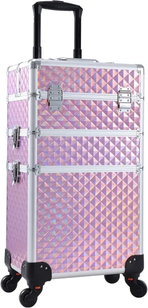 Adazzo 3 in 1 Professional Rolling Makeup Train Case Aluminum Trolley Case with 360° Rotation Wheels for Makuep Artist Cosmetic Suitcase Organizer with Lock and Key Diamond Pattern - Pink