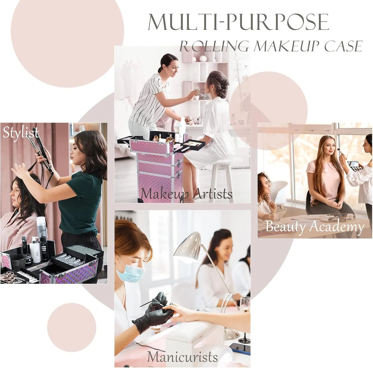 Adazzo 3 in 1 Professional Rolling Makeup Train Case Aluminum Trolley Case with 360° Rotation Wheels for Makuep Artist Cosmetic Suitcase Organizer with Lock and Key Diamond Pattern - Pink