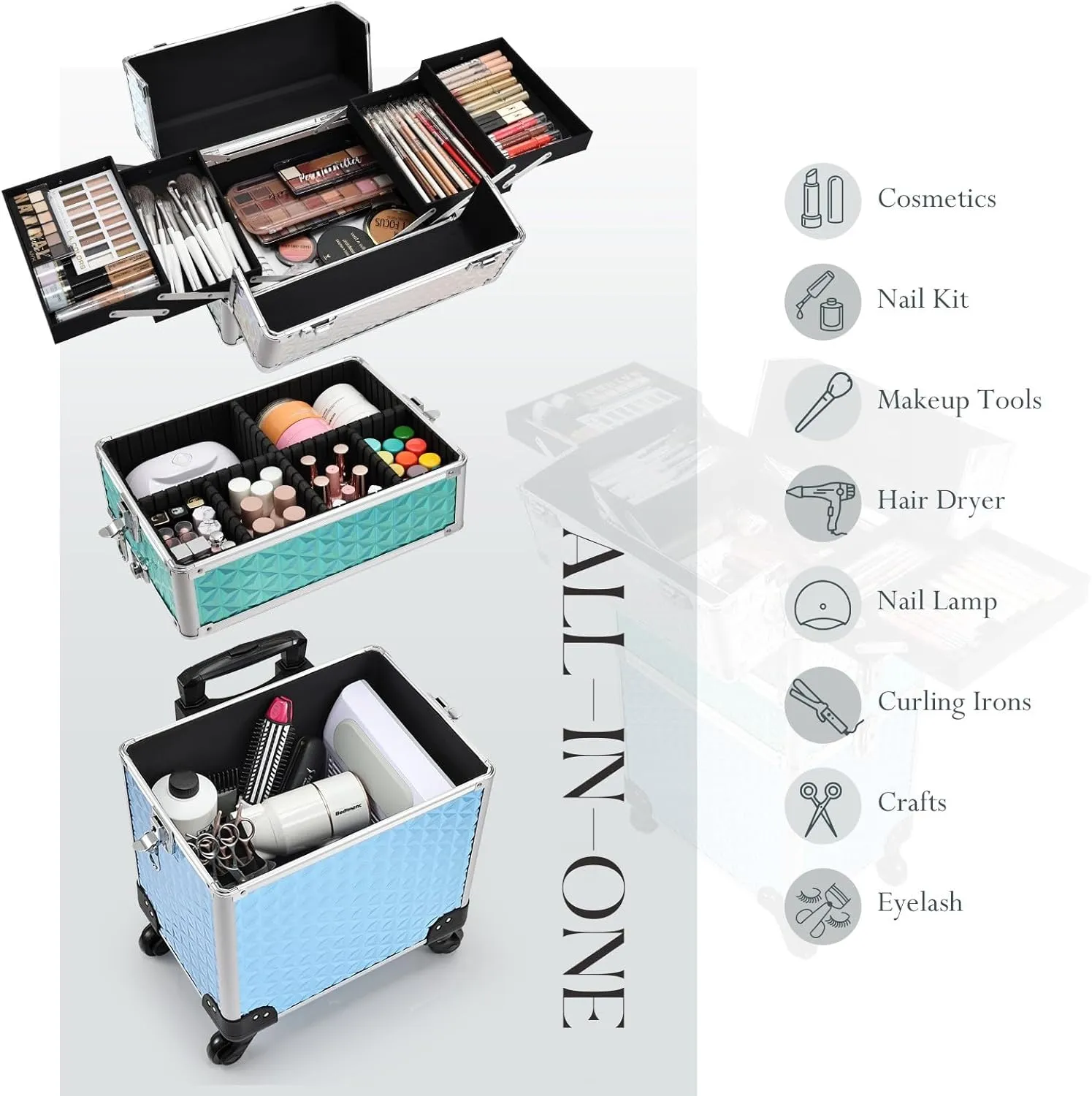 Adazzo Professional Rolling Makeup Train Case 3 in 1 Aluminum Trolley Case with 360° Rotation Wheels for Makuep Artist Cosmetic Suitcase Organizer with Lock and Key Diamond Pattern - Turquoise Cascade