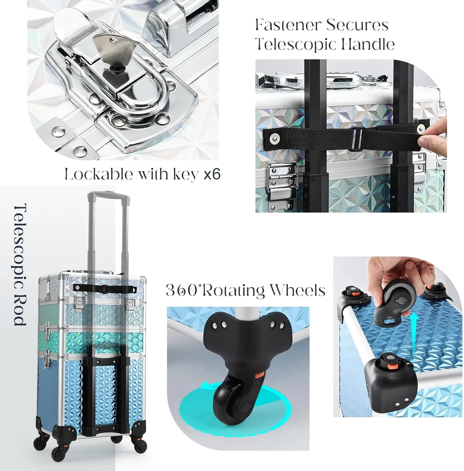 Adazzo Professional Rolling Makeup Train Case 3 in 1 Aluminum Trolley Case with 360° Rotation Wheels for Makuep Artist Cosmetic Suitcase Organizer with Lock and Key Diamond Pattern - Turquoise Cascade