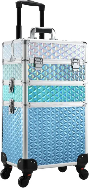 Adazzo Professional Rolling Makeup Train Case 3 in 1 Aluminum Trolley Case with 360° Rotation Wheels for Makuep Artist Cosmetic Suitcase Organizer with Lock and Key Diamond Pattern - Turquoise Cascade