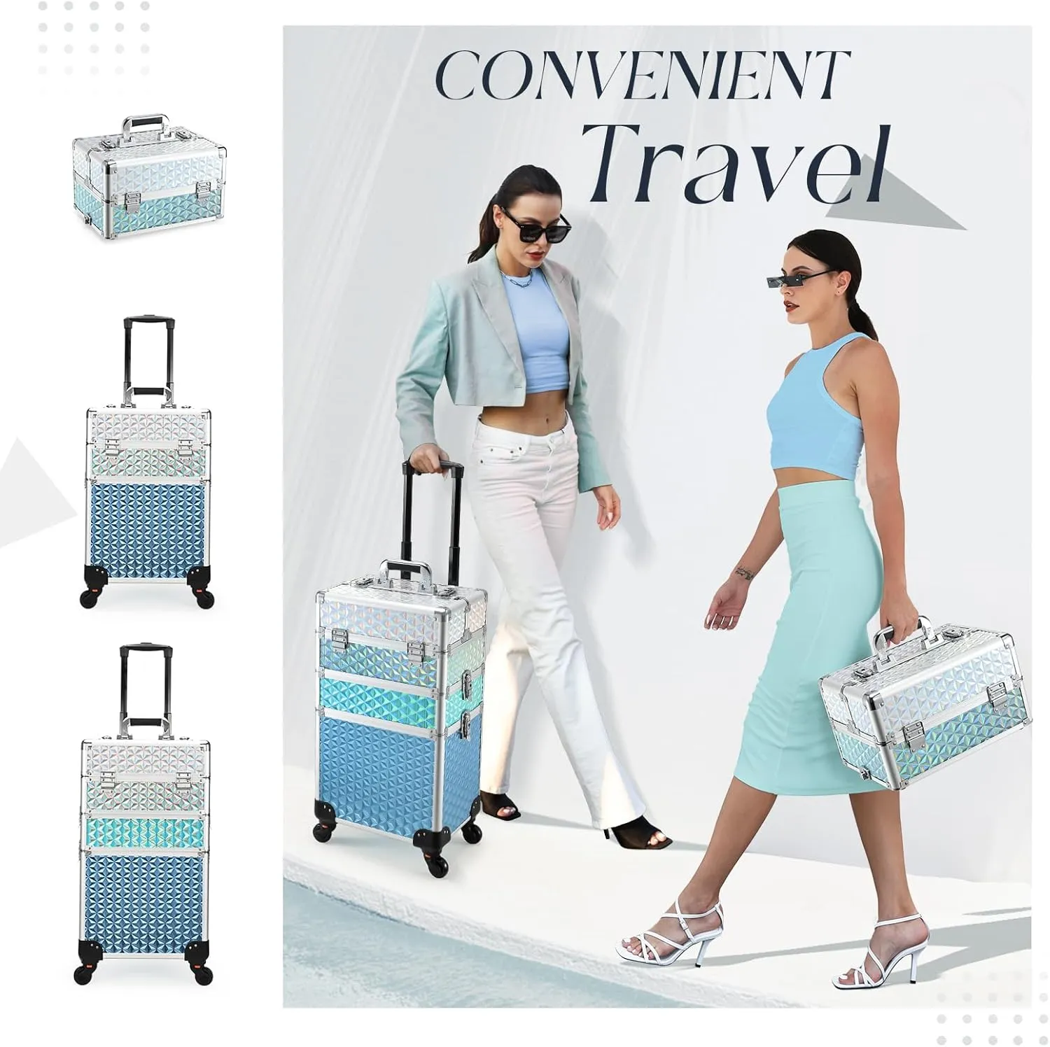 Adazzo Professional Rolling Makeup Train Case 3 in 1 Aluminum Trolley Case with 360° Rotation Wheels for Makuep Artist Cosmetic Suitcase Organizer with Lock and Key Diamond Pattern - Turquoise Cascade