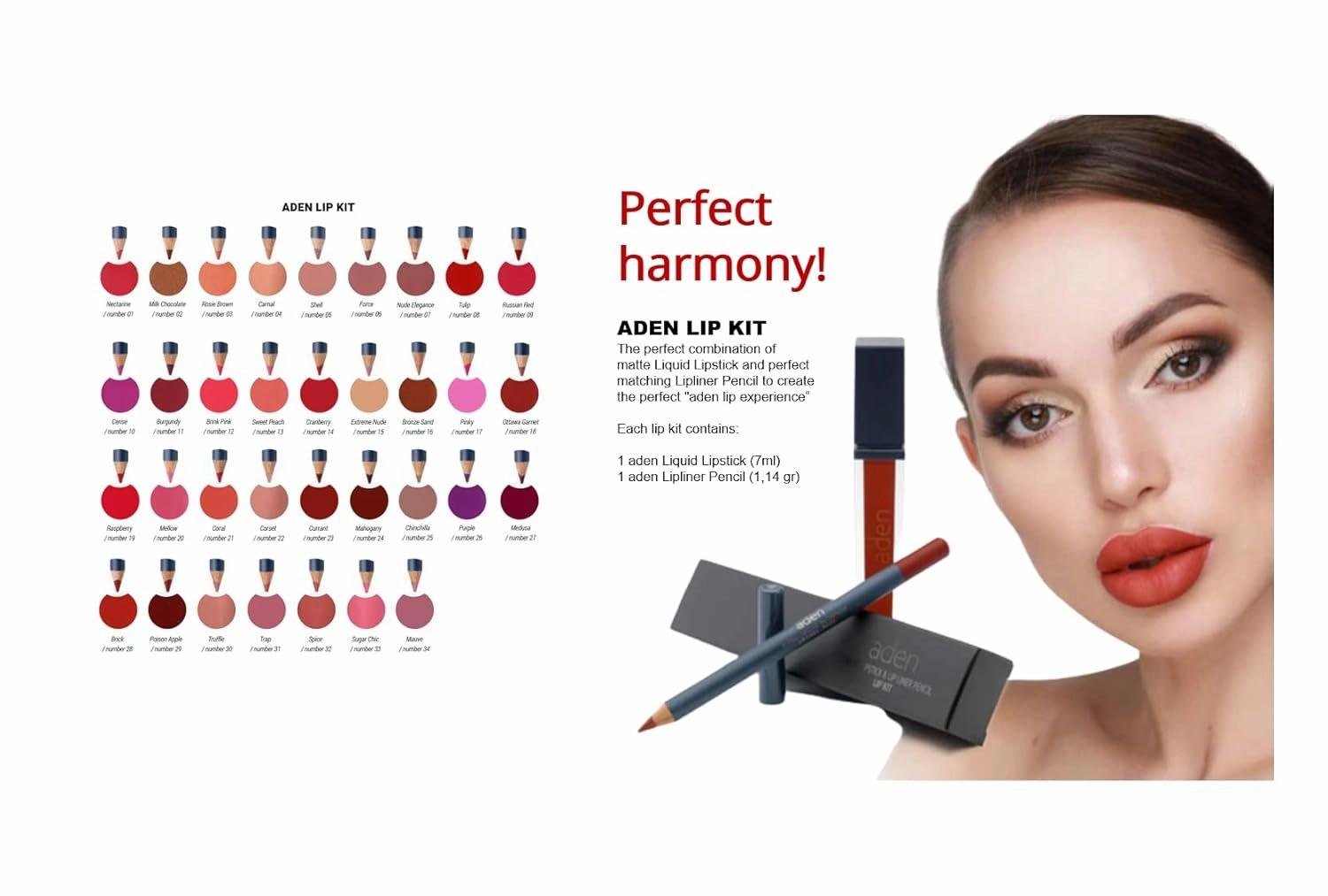 aden - 2 in 1 - Matte Liquid Lipstick & Lip Liner Set - 7ML - Non-Smudge & Quick Drying - Highly Pigmented - Long Duration with Hydration - Made in Italy (07 Nude Elegance)