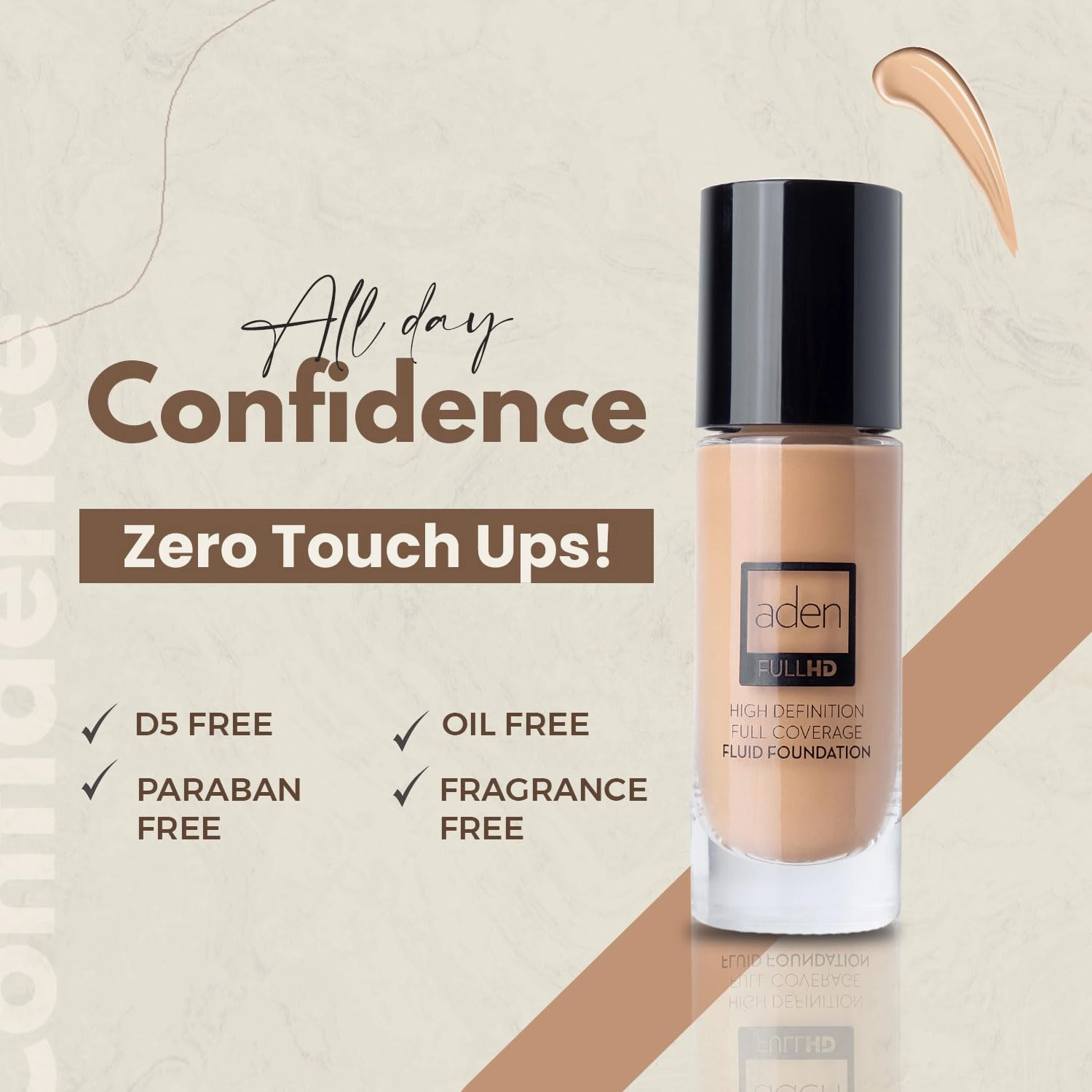 aden Fluid Foundation – 20ml – Sweat & Water Proof Full Coverage Foundation – Long lasting & High-Definition – No Fragrance & Sunscreen (01 Porcelain)