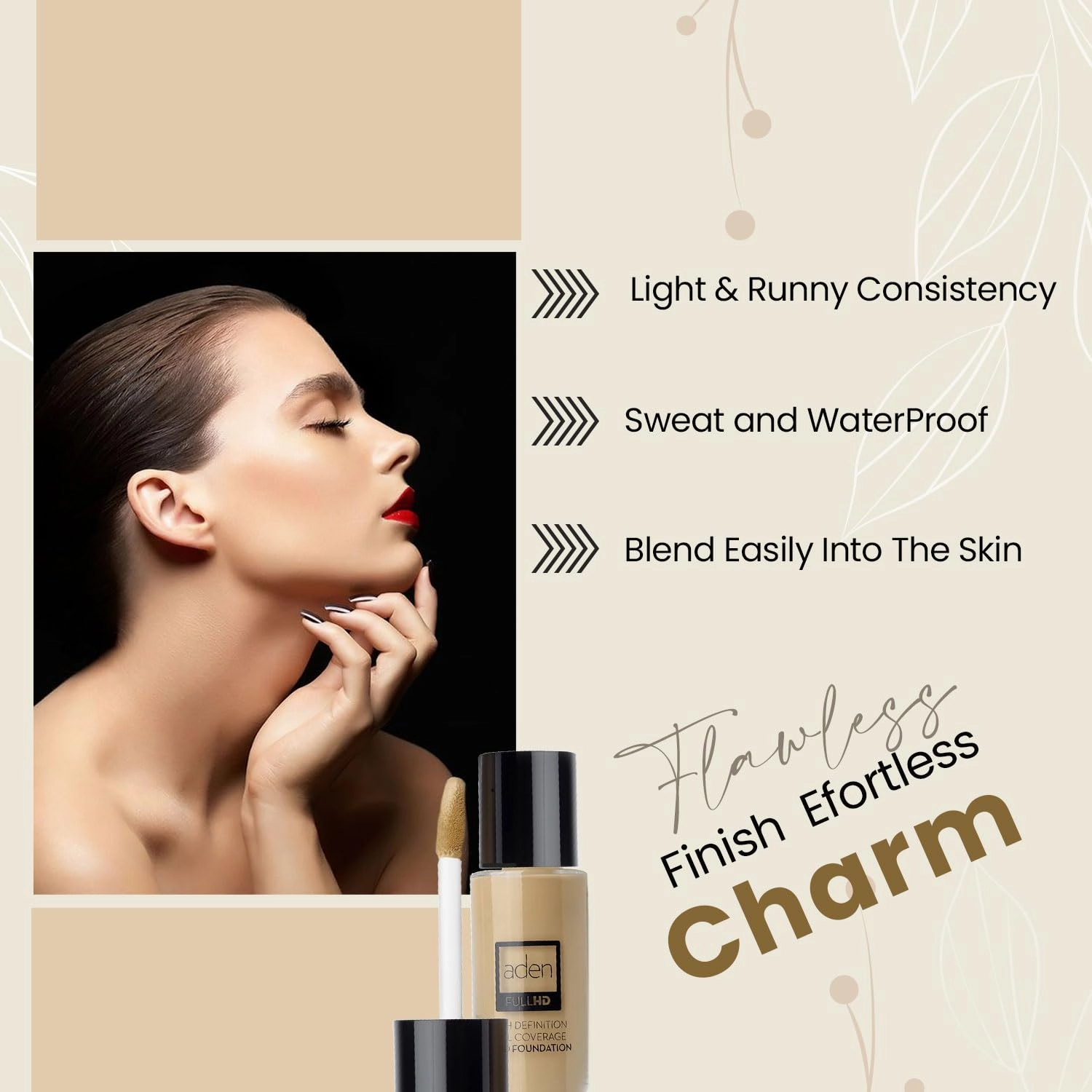 aden Fluid Foundation – 20ml – Sweat & Water Proof Full Coverage Foundation – Long lasting & high-definition – No Fragrance & Sunscreen (05 Honey)