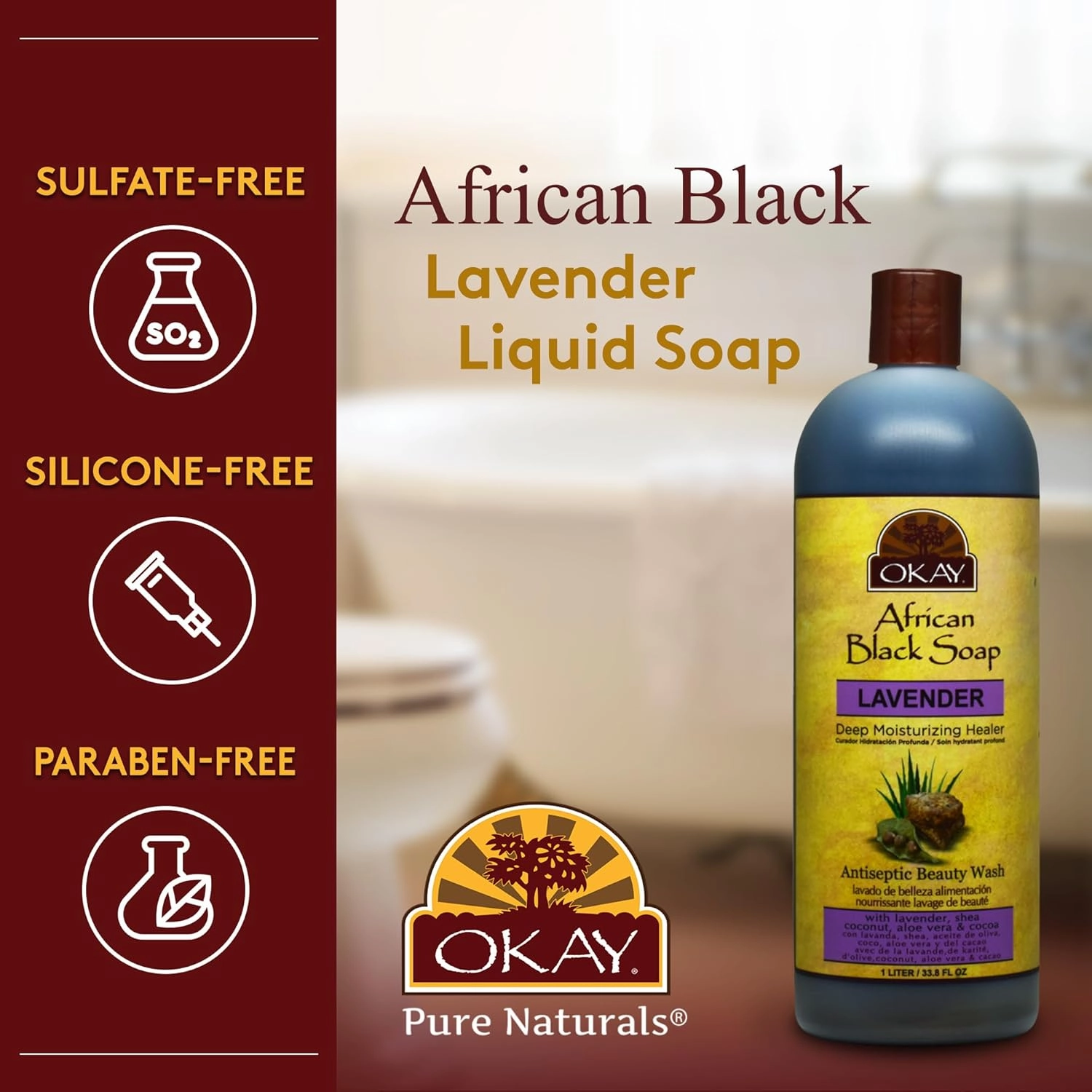 AFRICAN BLACK SOAP LIQUID WITH LAVENDER For Cleansing&Treating Skin Conditions Helps Achieve Beautiful,Healthier Looking Skin Sulfate,Silicone,Paraben Free For All Skin Types Made in USA 33oz