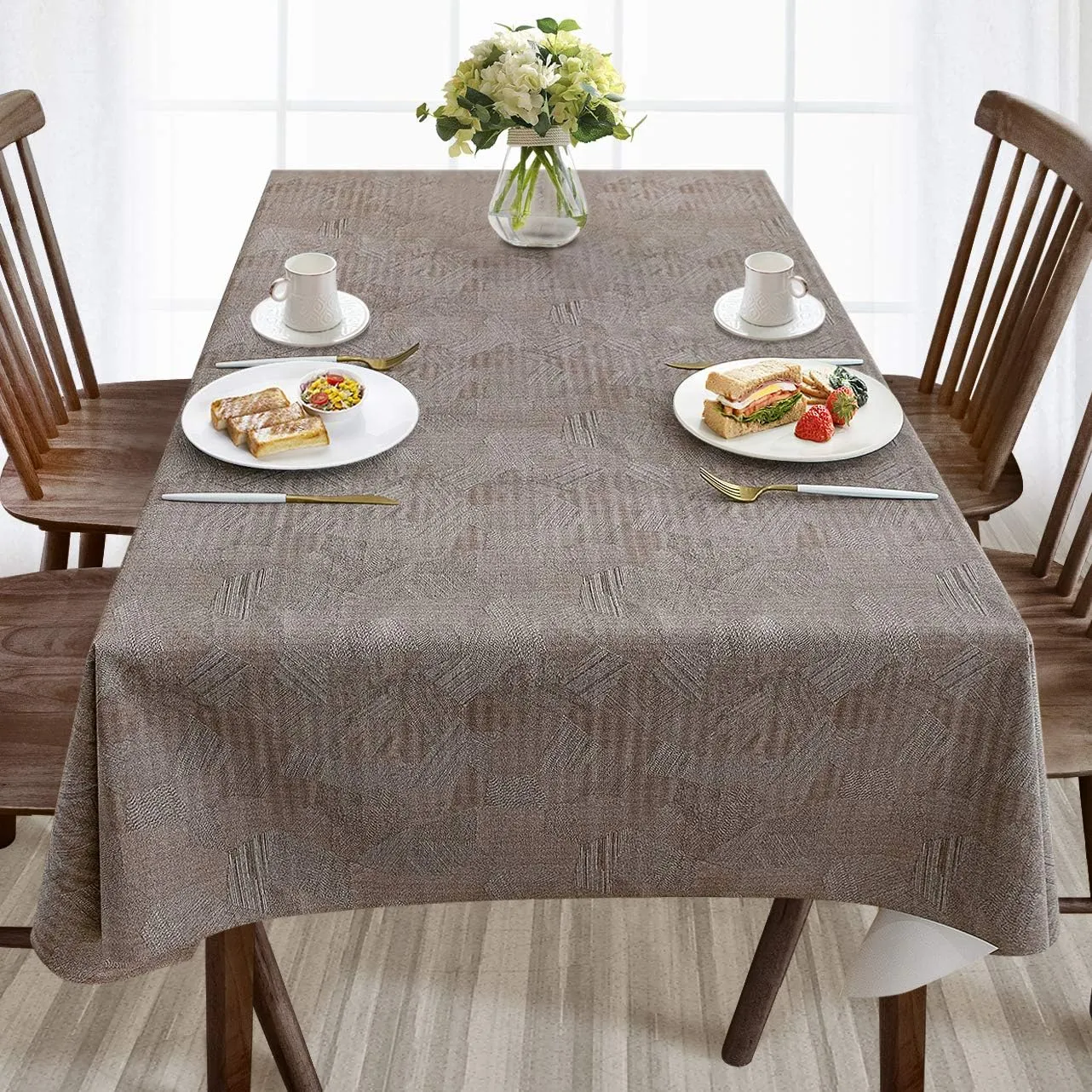 AIRCOWRIE Waterproof Vinyl Tablecloths, Heavy Duty Oil Proof Spill Proof Plastic Table Cloth, Wipe Clean PVC Table Cover for Spring Indoor and Outdoor Use (Brown, 54”×108”, Rectangle)