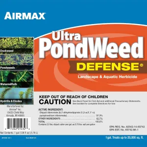 Airmax Ultra Pondweed Defense Aquatic Weed & Plant Killer, Easy Spray Application to Clean & Clear Large Pond & Lake Water, Liquid Treatment Control Concentrate, Fish, Pet & Animal Safe, 1 Gallon