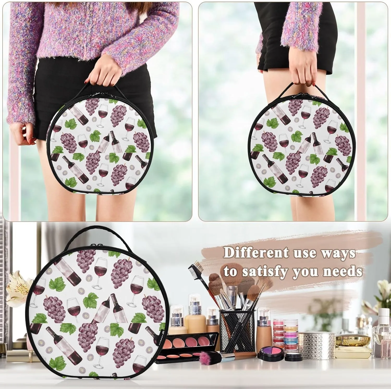 ALAZA Grape and Red Wine Bottle and Glass Makeup Bag Travel Cosmetic Bag Large Toiletry Organizer
