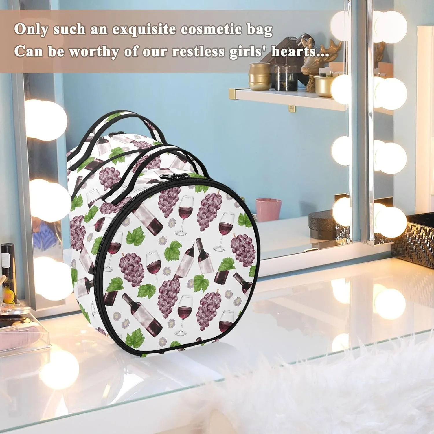 ALAZA Grape and Red Wine Bottle and Glass Makeup Bag Travel Cosmetic Bag Large Toiletry Organizer