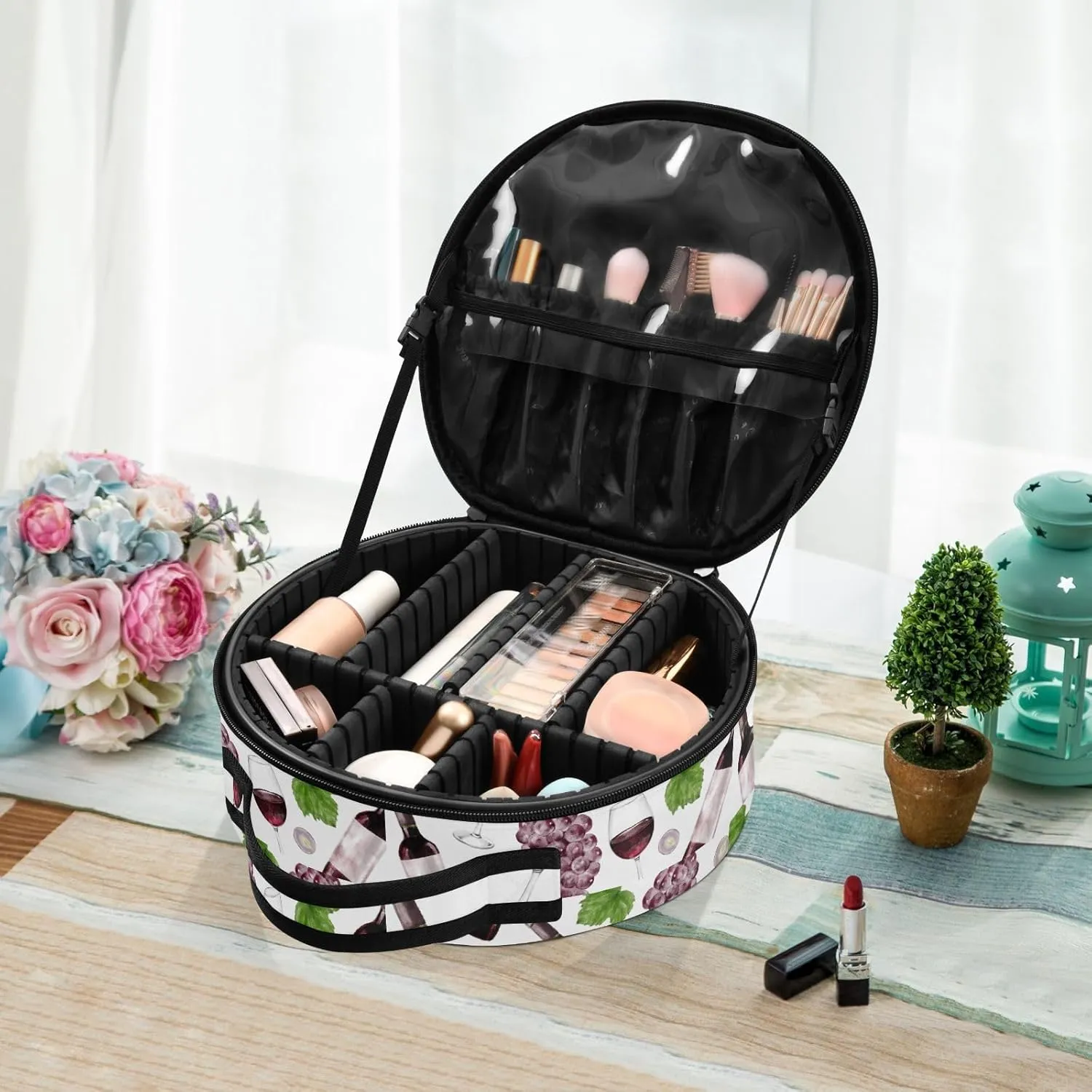 ALAZA Grape and Red Wine Bottle and Glass Makeup Bag Travel Cosmetic Bag Large Toiletry Organizer