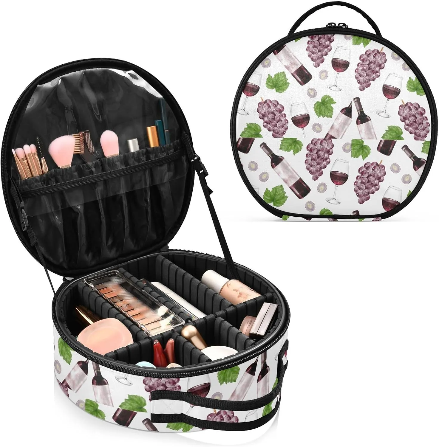 ALAZA Grape and Red Wine Bottle and Glass Makeup Bag Travel Cosmetic Bag Large Toiletry Organizer