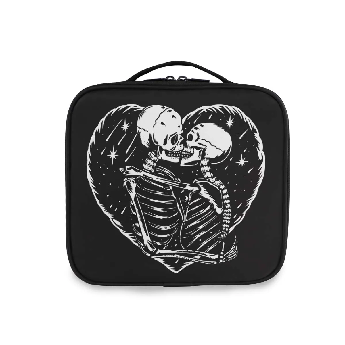 ALAZA Makeup Case Skull Skeleton Love Heart Black Cosmetic Bag Organizer Travel Portable Storage Toiletry Bag Makeup Train Case with Adjustable Dividers for Teens Girls Women