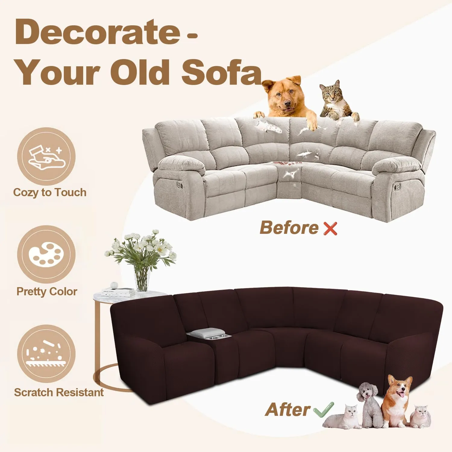 ALIECOM Waterproof Reclining Sectional Couch Covers for Reclining Sectional Stretch L Shaped Recliner Sofa Cover Washable Pet Dog Corner Sofa Slipcovers Protector (5 Seat and 1 Console, Dark Brown)