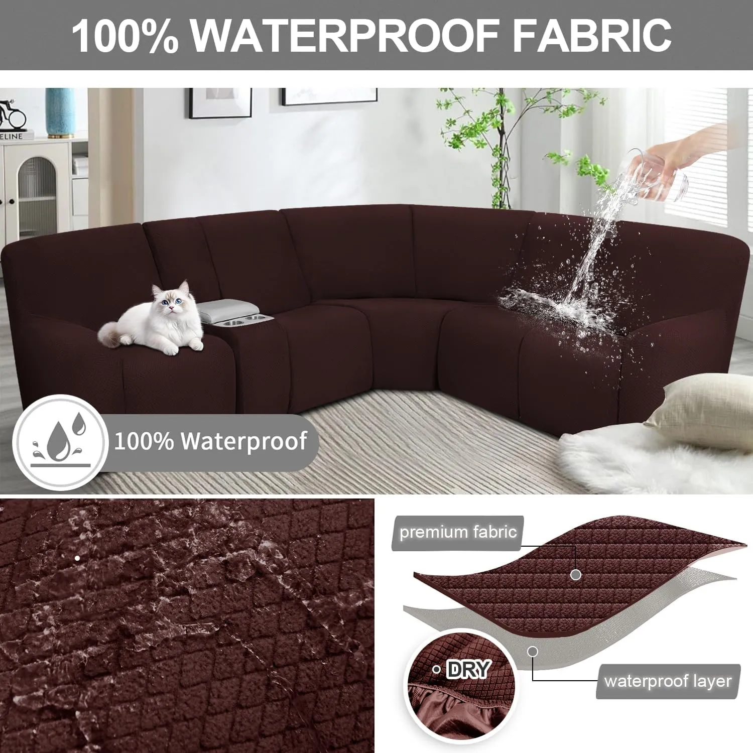 ALIECOM Waterproof Reclining Sectional Couch Covers for Reclining Sectional Stretch L Shaped Recliner Sofa Cover Washable Pet Dog Corner Sofa Slipcovers Protector (5 Seat and 1 Console, Dark Brown)